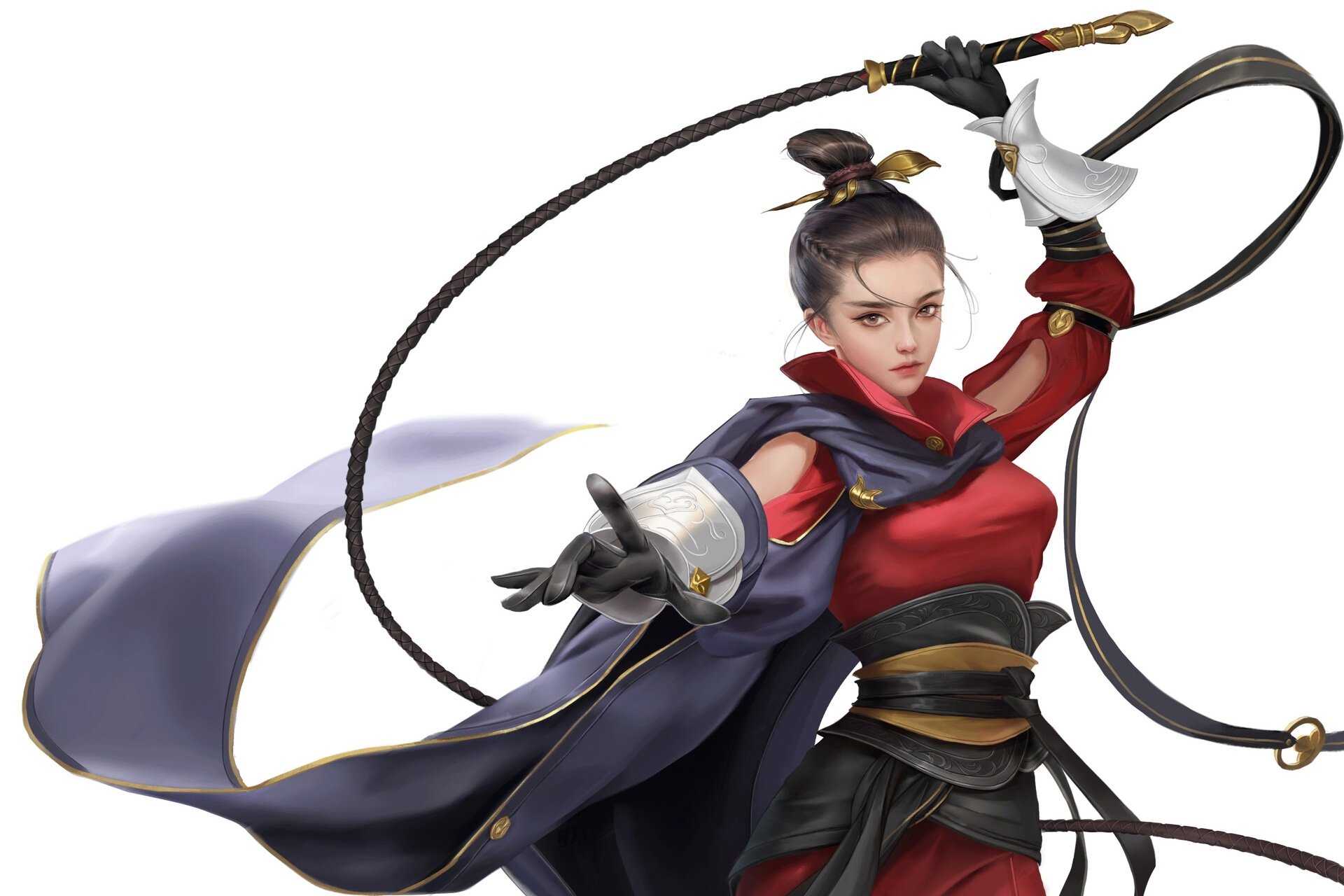 HD fantasy PC wallpaper featuring an Asian woman warrior in dynamic pose wielding a whip, dressed in red and black battle attire.