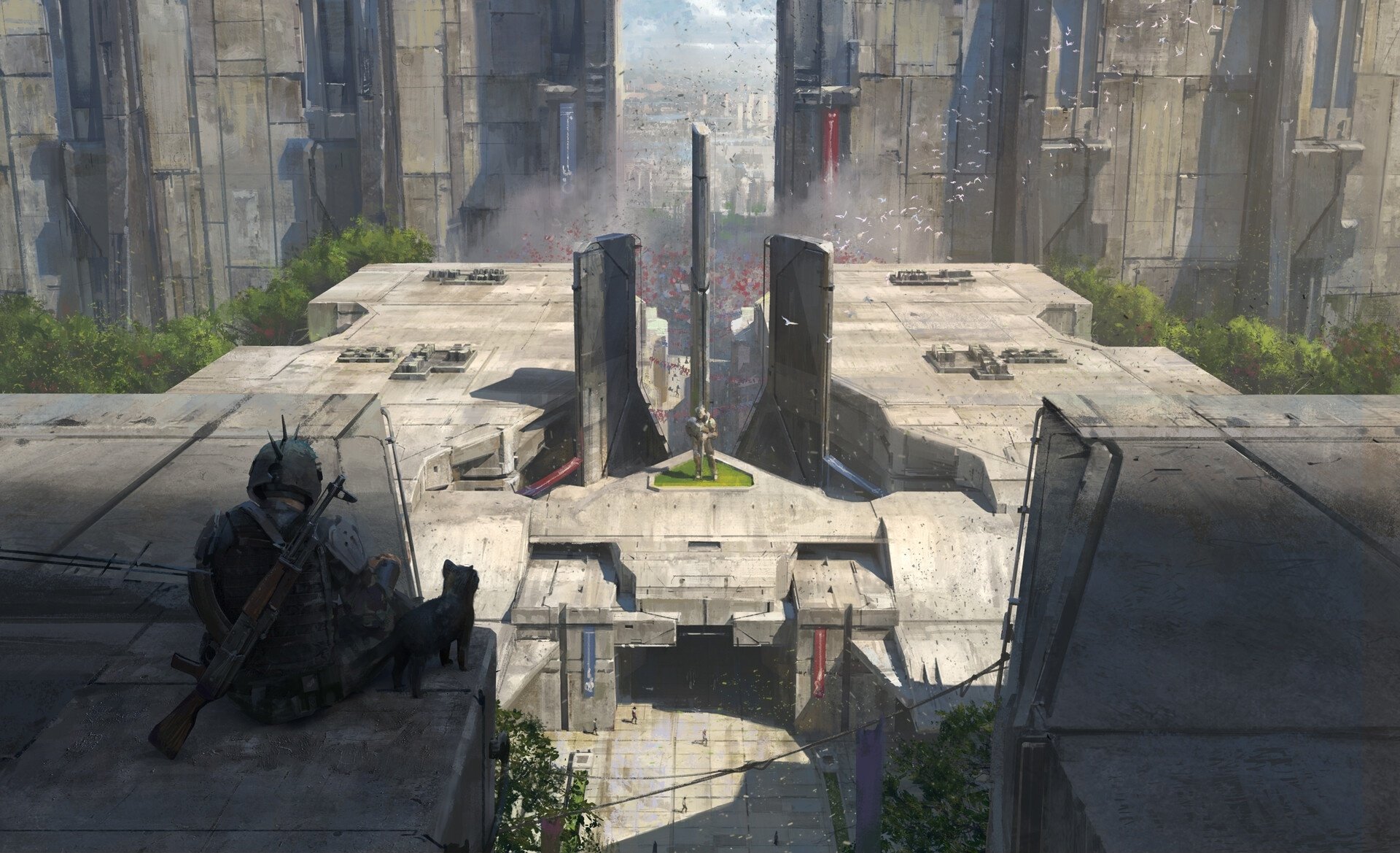 A warrior armed with a weapon overlooks a futuristic sci-fi cityscape with towering buildings, captured in this HD PC desktop wallpaper and background.