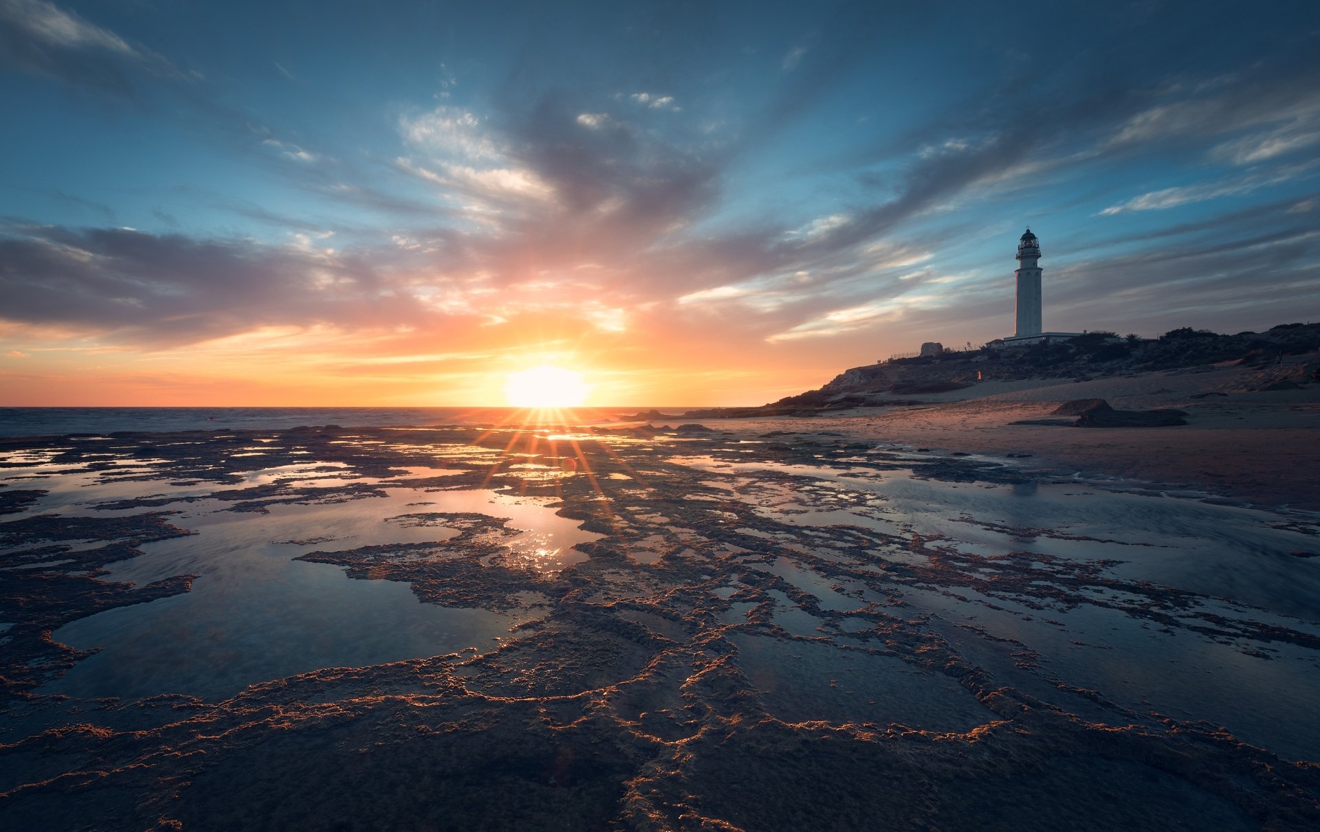 Download Sky Coast Ocean Horizon Sunset Cloud Man Made Lighthouse HD ...