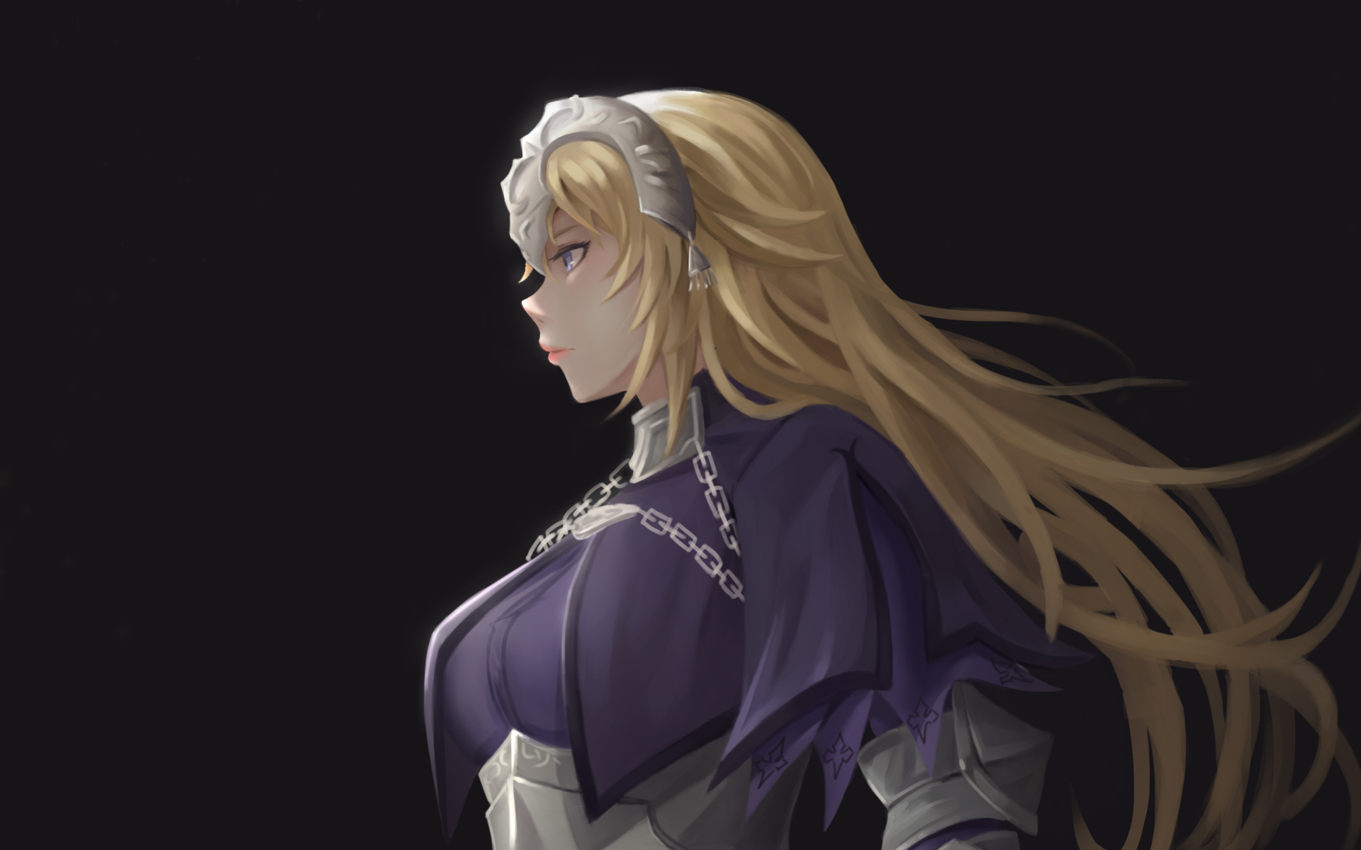HD PC wallpaper featuring Jeanne d'Arc from Fate/Apocrypha and Fate/Grand Order, showcasing her long blonde hair and detailed anime-style design against a dark background.