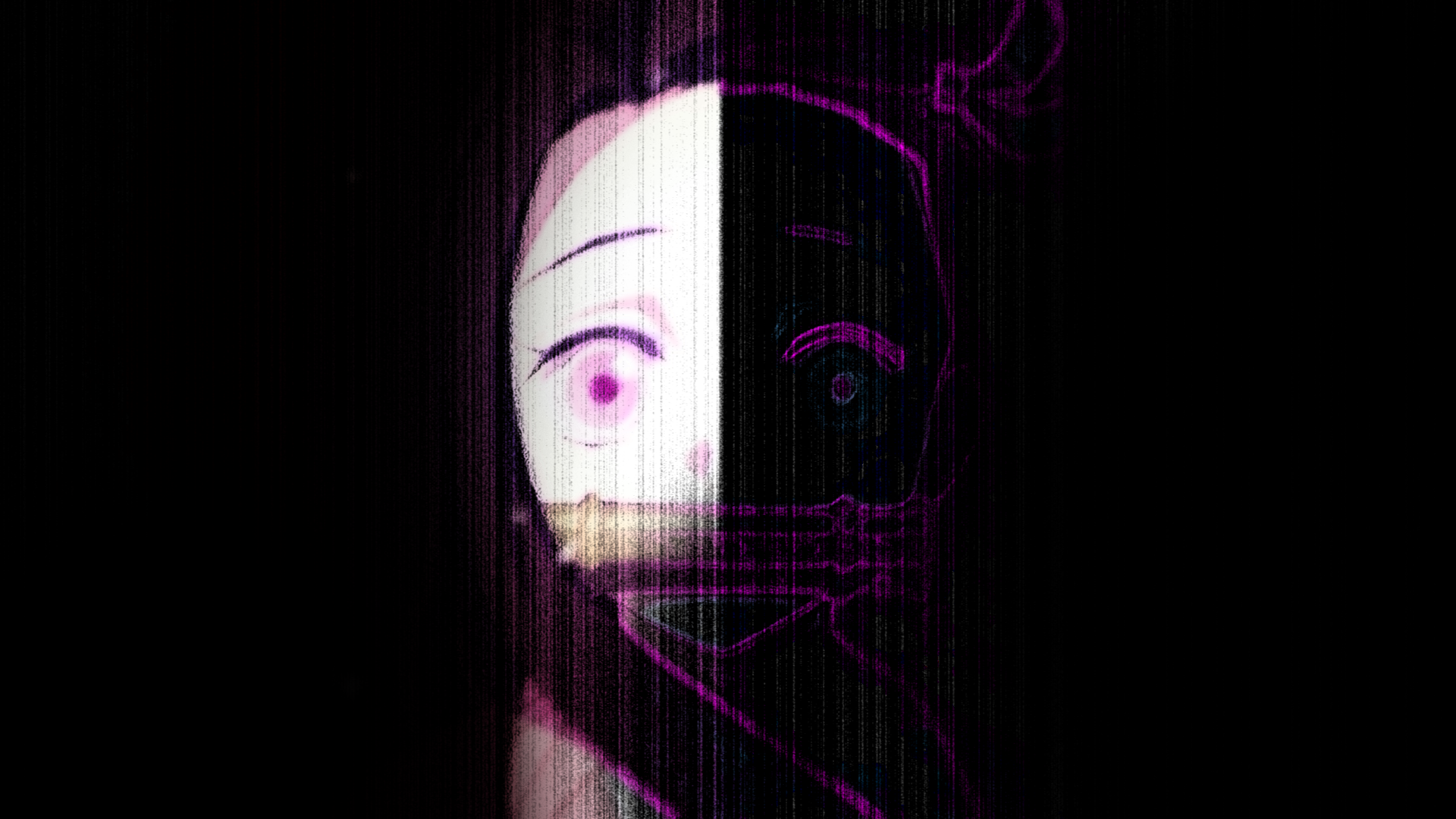 Anime HD wallpaper featuring Nezuko Kamado from Demon Slayer: Kimetsu no Yaiba, showing her divided face with one side illuminated and the other in shadow.