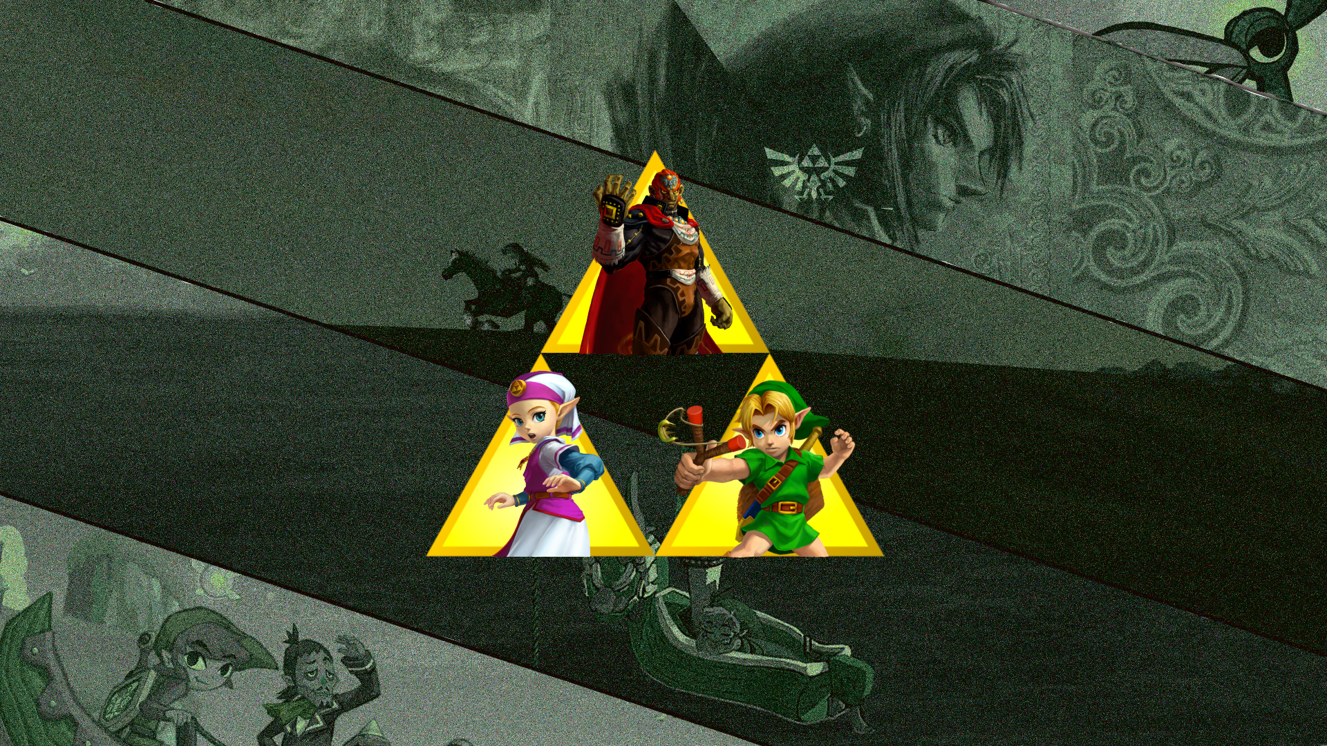 HD PC desktop wallpaper showing Link and Princess Zelda inside Triforce panels, set against a muted collage of Hyrule scenes in the background.