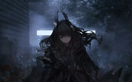 HD wallpaper featuring an anime girl with dark hair and animal ears, standing in a mysterious, foggy environment.