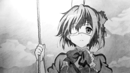 Black and white 4K Ultra HD desktop wallpaper featuring Rikka Takanashi from the anime Love Chunibyo & Other Delusions, showcasing her iconic eyepatch and ribbon.