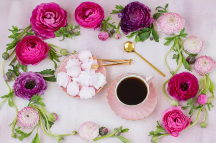 pink flower cup flower still life buttercup meringue food tea HD Desktop Wallpaper | Background Image