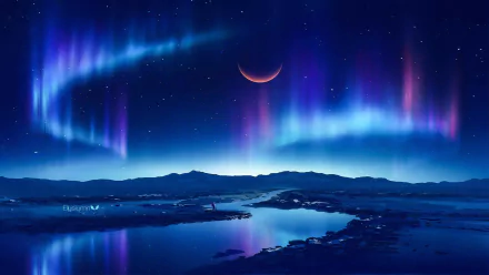 A stunning HD fantasy landscape wallpaper featuring a crescent moon, a starry night sky, and vibrant northern lights reflecting in a serene body of water.
