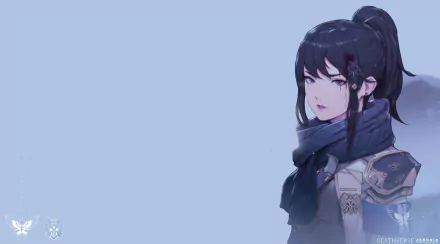HD anime wallpaper featuring an original character with dark hair, a scarf, and detailed clothing, set against a minimalist light blue background.