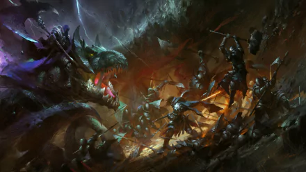 HD fantasy desktop wallpaper depicting an intense battle between armored warriors and a fierce fire-breathing dragon in a dark, chaotic environment.