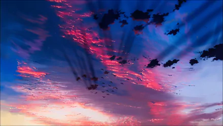 HD desktop wallpaper featuring a scenic sky from the anime film The Place Promised In Our Early Days, showcasing vibrant hues of pink, purple, and blue with scattered clouds and radiant sun rays.