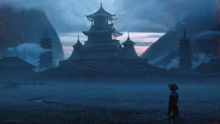 HD fantasy desktop wallpaper featuring an ancient Asian-style building shrouded in mist with mountains in the background and a lone figure in the foreground.