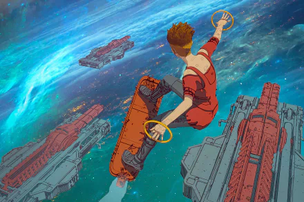 A cyborg woman in a red suit surfs through space on a hoverboard, surrounded by spaceships. The vibrant Sci-Fi artwork serves as a high-definition desktop wallpaper.