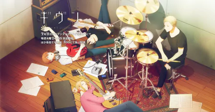 An HD desktop wallpaper of the anime Given featuring Ritsuka Uenoyama, Haruki Nakayama, Akihiko Kaji, and Mafuyu Sato, depicting the characters in a room with musical instruments and scattered papers.