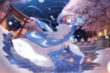 HD anime original wallpaper featuring a girl in flowing blue and white robes holding a glowing orb, set against a night sky with cherry blossoms and traditional Japanese torii gate.