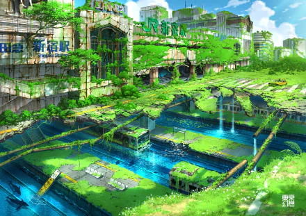 Anime HD wallpaper depicting a post-apocalyptic city in ruins, overtaken by nature. Bright green vegetation covers the decayed buildings and remnants of infrastructure, highlighting the scene's contrast.