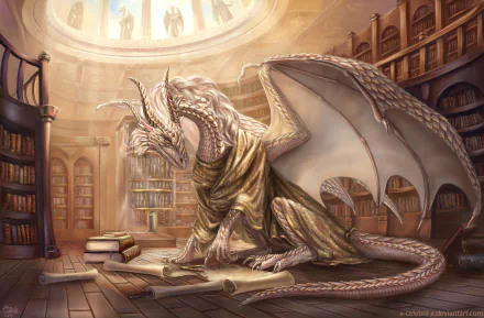 A majestic dragon reading an ancient book in a grand library bathed in warm light, captured in detailed fantasy art for an HD PC desktop wallpaper.