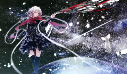 HD PC desktop wallpaper featuring Inori Yuzuriha from the anime Guilty Crown, depicted with flowing pink hair and a dark outfit against a cosmic, snowy background.