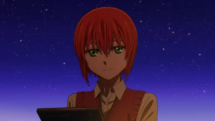 Chise Hatori from The Ancient Magus' Bride with red hair and green eyes is shown holding a book against a clear evening sky in this HD anime desktop wallpaper.