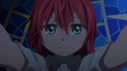 HD anime wallpaper of Chise Hatori from The Ancient Magus' Bride, featuring her striking red hair and green eyes against a blue stained glass background.