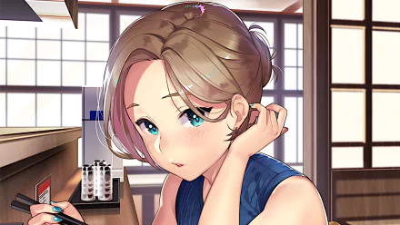 HD anime-style original desktop wallpaper showing a young woman with short hair and blue eyes in a softly lit room with large windows.