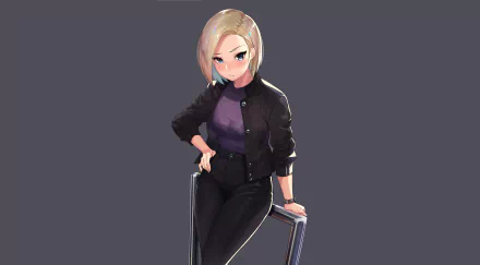 HD anime-style original artwork of a confident woman with short blonde hair, dressed in black, posed against a simple gray background for a PC desktop wallpaper.