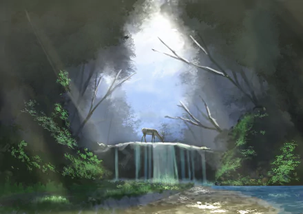 Anime-style HD desktop wallpaper depicting a deer standing on a waterfall ledge surrounded by lush nature and soft, misty forest light.