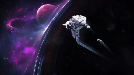 An HD wallpaper featuring an astronaut drifting near a black hole in space, with a vibrant purple nebula and distant planets in the background, creating a captivating Sci-Fi scene.