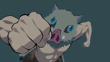 Anime character Inosuke Hashibira from Demon Slayer: Kimetsu no Yaiba in action pose, depicted as a HD desktop wallpaper and background.