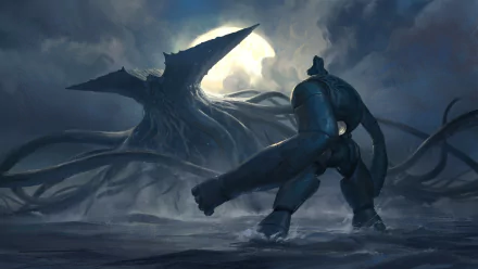 A dramatic battle scene between a towering robot and a sea monster creature under a stormy sky, captured in a high-definition fantasy desktop wallpaper.