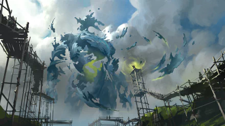 HD fantasy desktop wallpaper depicting a giant magical wizard formed from swirling clouds above a construction site under a dramatic sky.