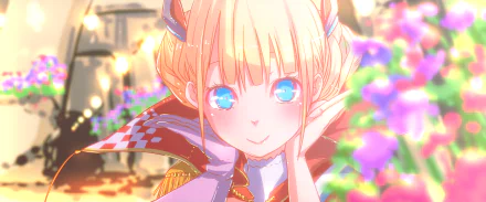 HD anime wallpaper featuring Le Triomphant from Azur Lane with blonde hair, blue eyes, and flowers, representing the Free French Naval Forces.