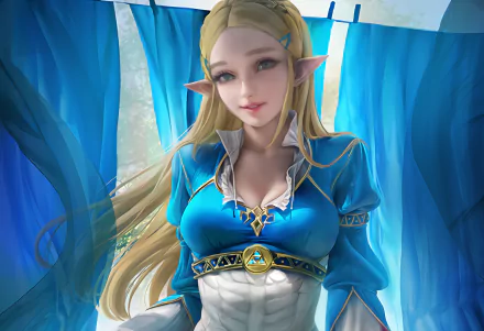 HD PC wallpaper of Princess Zelda from the video game The Legend of Zelda: Breath of the Wild, featuring her standing amid flowing blue curtains.