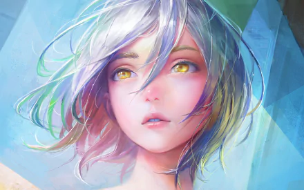 HD anime wallpaper featuring a colorful, close-up illustration of a young female character with multicolored hair and striking yellow eyes.