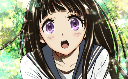 HD anime wallpaper featuring Eru Chitanda from Hyouka with expressive purple eyes and long dark hair against a bright, leafy background.