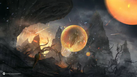 A dark fantasy landscape with twisted creatures and glowing orbs set against a moody sky, creating a dramatic, artistic HD desktop wallpaper scene.