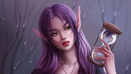 Fantasy-themed HD desktop wallpaper featuring an elf with pointed ears, long purple hair, green eyes, and an hourglass in a mystical forest setting.