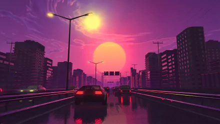 A retro wave HD desktop wallpaper featuring a neon cityscape at sunset, with cars driving on a wet road under a pink and purple sky.