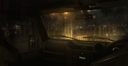HD anime-style desktop wallpaper depicting a view from inside a car on a rainy night, overlooking illuminated city buildings.