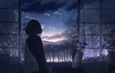 Anime-inspired HD wallpaper featuring a silhouette of a young girl looking out a rain-speckled window at a breathtaking sunrise.