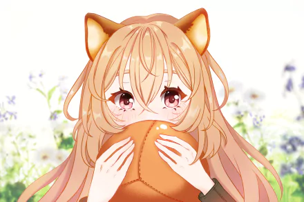 4K Ultra HD anime wallpaper featuring Raphtalia from The Rising of the Shield Hero holding a soft, brown object with a floral background.