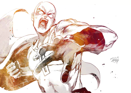 A dynamic 8K Ultra HD wallpaper featuring Saitama from One-Punch Man, showcasing his intense expression and iconic pose against a vibrant, abstract background.