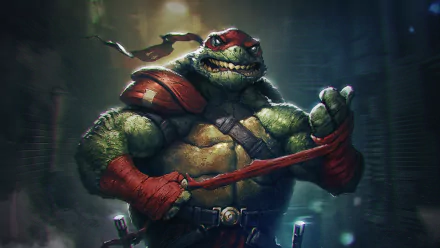 HD PC desktop wallpaper of Raphael (TMNT), comic-style Teenage Mutant Ninja Turtles: muscular red-masked turtle tightening a red hand wrap, sais at his belt against a moody urban backdrop.