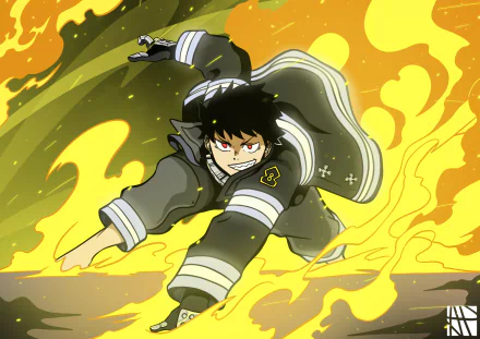 HD PC anime desktop wallpaper of Shinra Kusakabe from Fire Force dashing forward amid vivid yellow flames in his firefighter uniform