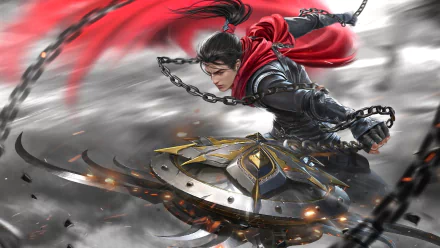 A dynamic oriental fantasy warrior wielding a chained weapon, captured in motion with vibrant red accents and a dramatic misty background, HD desktop wallpaper.