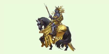 4K Ultra HD PC desktop wallpaper/background showing a gold-armored fantasy warrior knight with shield and lance, plumed helm, riding a black warhorse.