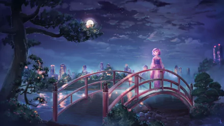 A stunning anime-themed HD wallpaper features an original artwork of a serene night scene. A girl stands on a red bridge, illuminated by moonlight, amidst a tranquil, lantern-lit landscape.