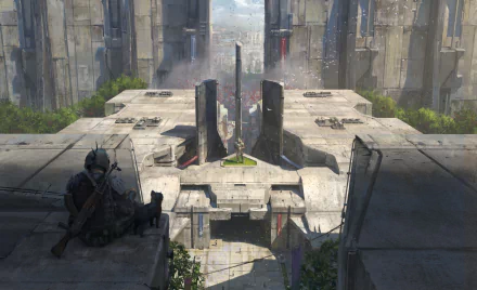 A warrior armed with a weapon overlooks a futuristic sci-fi cityscape with towering buildings, captured in this HD PC desktop wallpaper and background.