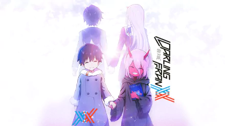 HD anime desktop wallpaper featuring Hiro and Zero Two from Darling in the FranXX, showcasing both characters in a serene and glowing background.