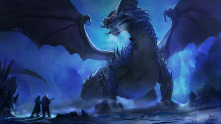 HD fantasy wallpaper showing a majestic dragon with large wings and intricate scales, standing imposingly in a mystical blue-hued landscape as two small figures look up in awe.