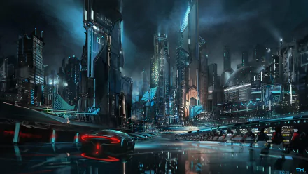 Futuristic sci-fi cityscape with towering skyscrapers and glowing neon lights, depicted in an HD PC desktop wallpaper and background.