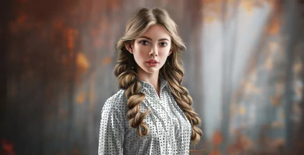 Artistic portrait of a blonde woman with blue eyes and long braided hair, rendered as a 4K Ultra HD PC desktop wallpaper with a soft, autumn-toned blurred background.